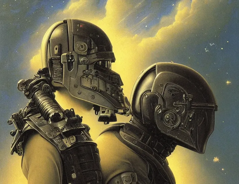 Prompt: a detailed portrait painting of a bounty hunter in combat armour and visor. cinematic sci-fi poster. Flight suit, accurate anatomy. portrait symmetrical and science fiction theme with lightning, aurora. lighting. clouds and stars. Futurism by beksinski carl spitzweg moebius and tuomas korpi. baroque elements. baroque element. intricate artwork by caravaggio. Oil painting. Trending on artstation. 8k
