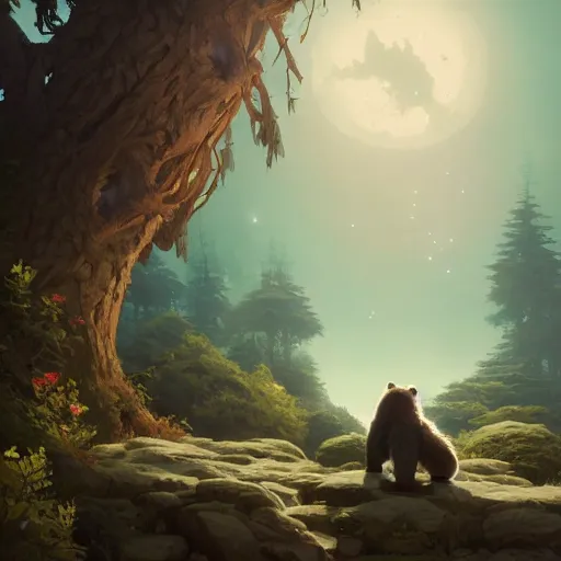 Image similar to a bear teaching calculus, stephen bliss, unreal engine, fantasy art by greg rutkowski, loish, rhads, ferdinand knab, makoto shinkai and lois van baarle, ilya kuvshinov, rossdraws, tom bagshaw, global illumination, radiant light, detailed and intricate environment