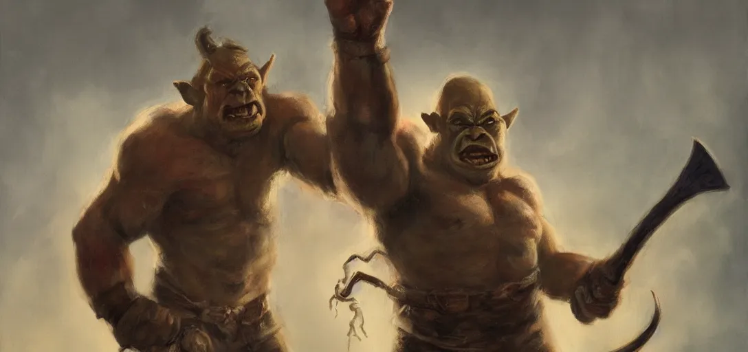 Prompt: A big male babarian orc with a tiny wand in his slightly raise hand, cinematic, dramatic light, oil on canvas, concept art, artatation