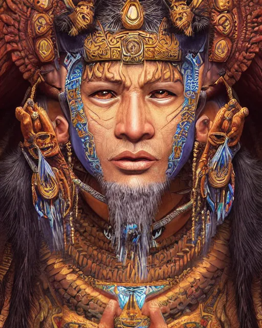 Prompt: digital painting of itzamna, mayan ruler of heaven by filipe pagliuso and justin gerard, symmetric, fantasy, highly detailed, realistic, intricate, portrait, sharp focus, tarot card