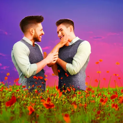 Image similar to a gay couple together in a field of flowers at sunset, realistic, intricate, 4k