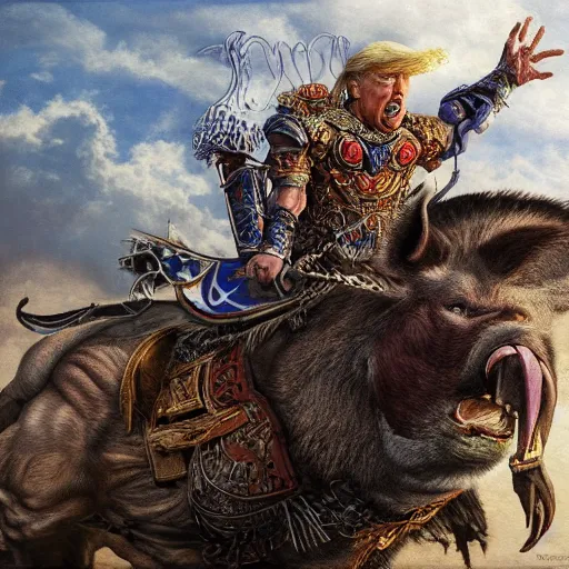 Prompt: hyperrealistic mixed media painting of Trump as a Warlord Riding a Boar, stunning 3d render inspired art by P. Craig Russell and Barry Windsor-Smith, 8k octane beautifully detailed render, post-processing, extremely hyperdetailed, intricate, epic composition, grim yet sparkling atmosphere, cinematic lighting + masterpiece, trending on artstation, very detailed, masterpiece, stunning