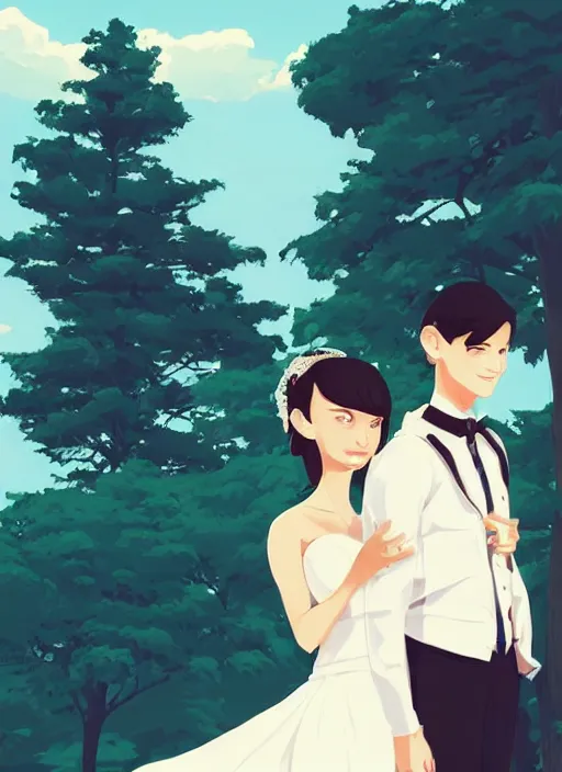 Image similar to a bride and groom on their wedding day. clean cel shaded vector art. shutterstock. behance hd by lois van baarle, artgerm, helen huang, by makoto shinkai and ilya kuvshinov, rossdraws, illustration, art by ilya kuvshinov