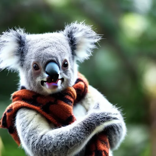 Image similar to baby koala wearing a scarf, 4k photography