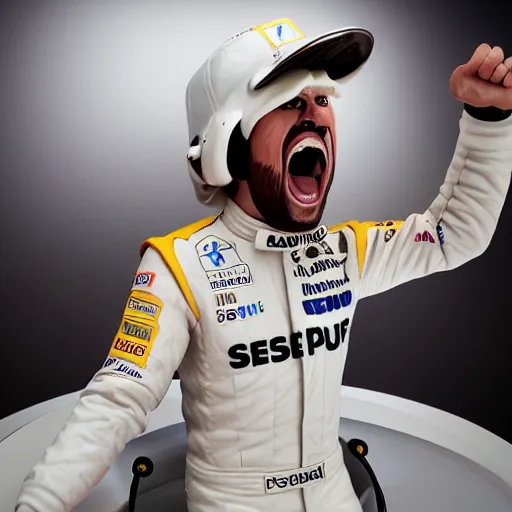 Image similar to wax figure of fernando alonso, screaming,, realism, 4 k, award winning photograph octane render, award winning photograph