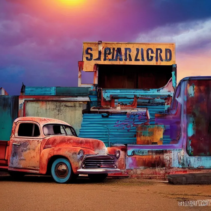 Image similar to a sunset light landscape with historical route 6 6, lots of sparkling details and sun ray ’ s, blinding backlight, smoke, volumetric lighting, colorful, octane, 3 5 mm, abandoned gas station, old rusty pickup - truck, beautiful epic colored reflections, very colorful heavenly, softlight