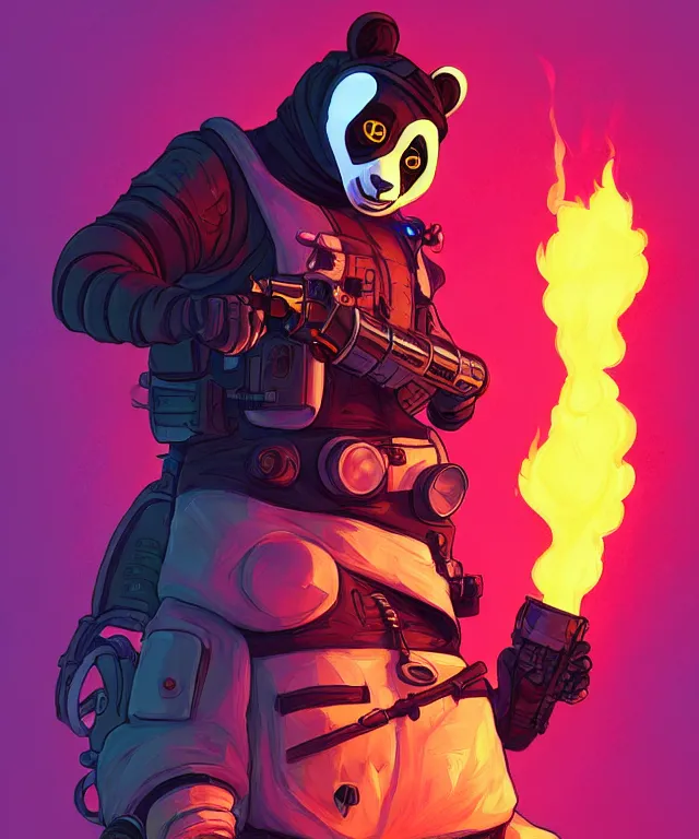 Image similar to a portrait of a cyberpunk panda holding a flamethrower, fantasy, elegant, digital painting, artstation, concept art, matte, sharp focus, illustration, art by josan gonzalez