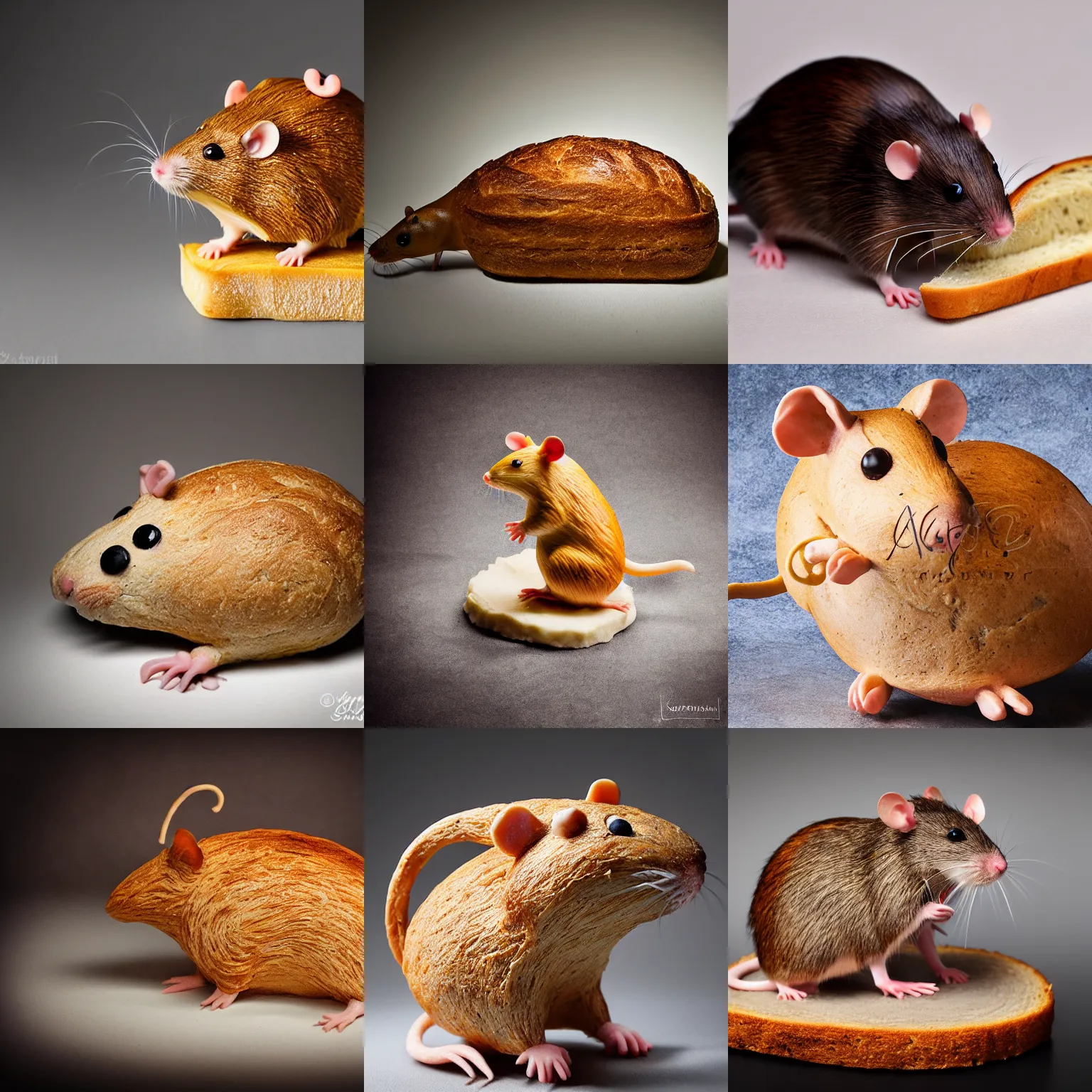 Prompt: a rat!!! sculpture made out of ( ( ( ( ( bread ) ) ) ) ), food photography, studio lighting, delicious