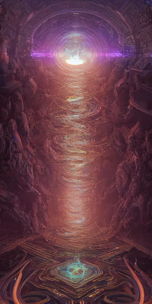 Image similar to a centered photo real render of a post apocalyptic glowing fractals and ornate flowing light streams sacred geometry, by beeple, by donato giancola, unreal engine