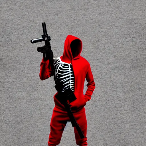 Image similar to a skeleton in a red hoodie with a rifle ultrarealism