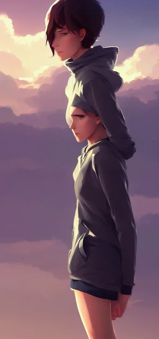 Prompt: a beautiful british woman with short brown hair, gentle, somber amber eyes, standing on a rooftop, storm in the distance, oversized hoodie that goes down to the knees, digital art by makoto shinkai ilya kuvshinov and wojtek fus, digital art, concept art,