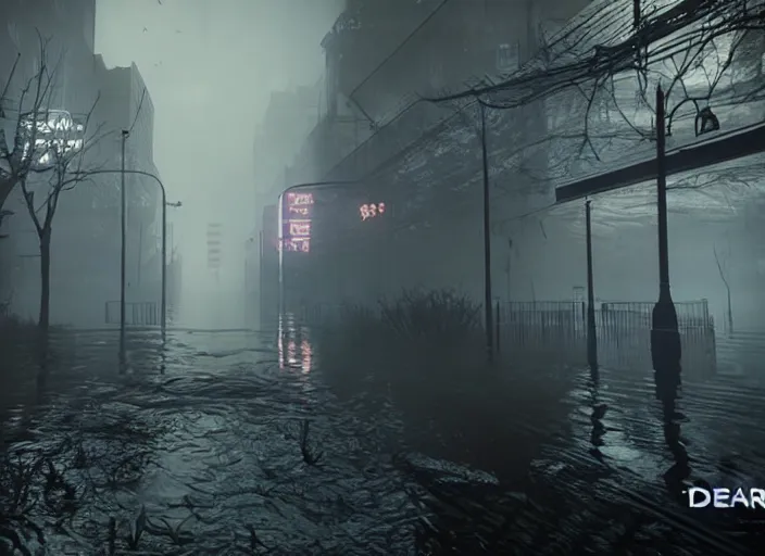 Image similar to dark, misty, foggy, flooded new york city street swamp in Destiny 2, liminal creepy, dark, dystopian, abandoned highly detailed 4k 60fps in-game destiny 2 screenshot gameplay showcase