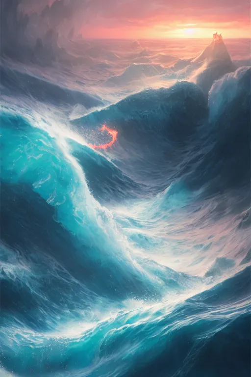 Image similar to Turbulent ocean of blood that catches fire, Stephen Bliss, Greg Rutkowski, Loish, Rhads, ferdinand knab, Makoto Shinkai rossdraws, Tom Bagshaw, global illumination, radiant light, detailed and intricate environment