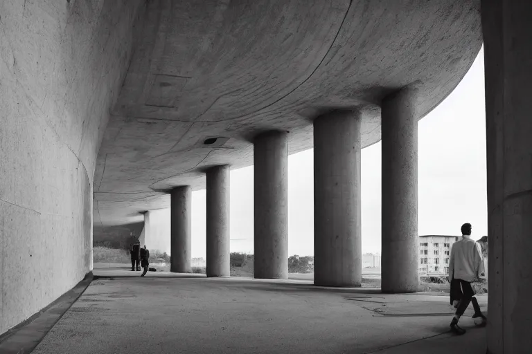 Prompt: a man walking through a brutalist cement structure with towering pillars and high ceilings