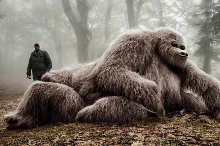 Image similar to photo of people gathering around a giant sleeping yeti, eerie atmosphere, fear, mystery, dramatic, 8 k uhd