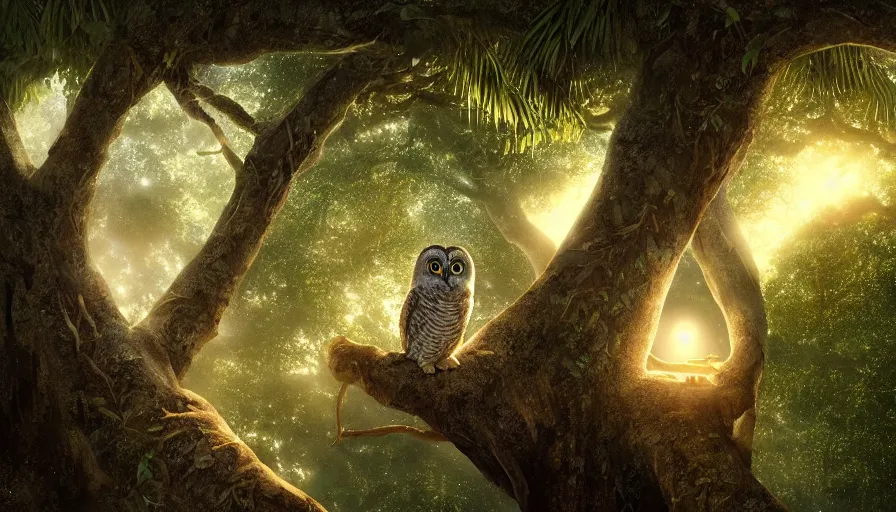 Image similar to very very small owl, sitting on a gigantic banyan tree in moonlit lakshadweep by ilya kuvshinov, starry night, rtx rendering, octane render 1 2 8 k, maya, extreme high intricate details by tom bagshaw, medium shot, close up shot, composition by sana takeda, lighting by greg rutkowski