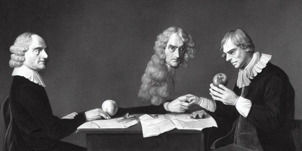 Prompt: sir isaac newton giving an apple to alan turing, hyper realistic, highly detailed, sharp focus, depth of field