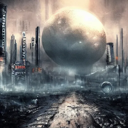 Prompt: nuclear apocalypse cyberpunk landscape, dreamy, dystopia, gloomy, apocalyptic