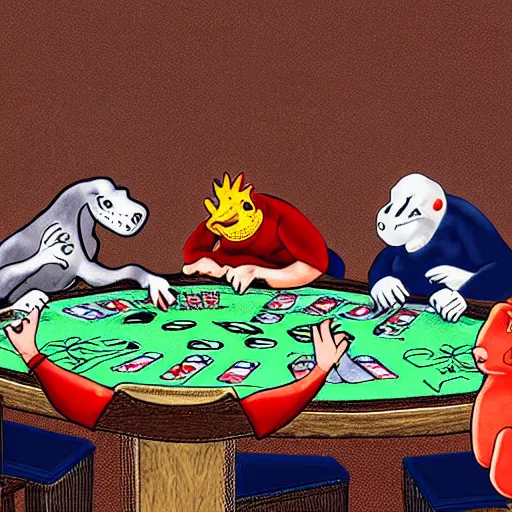 Image similar to Dinosaurs playing poker at the prehistoric dawn cave casino drawn with a left hand.