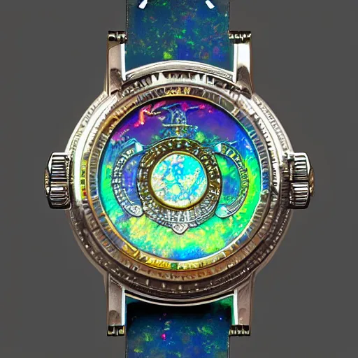 Image similar to detailed illustration of celestial watch from the far future with 3 7 descending dials and multiple glowing watch faces, mother of pearl opal, year 2 5 0 0, style of norman rockwell