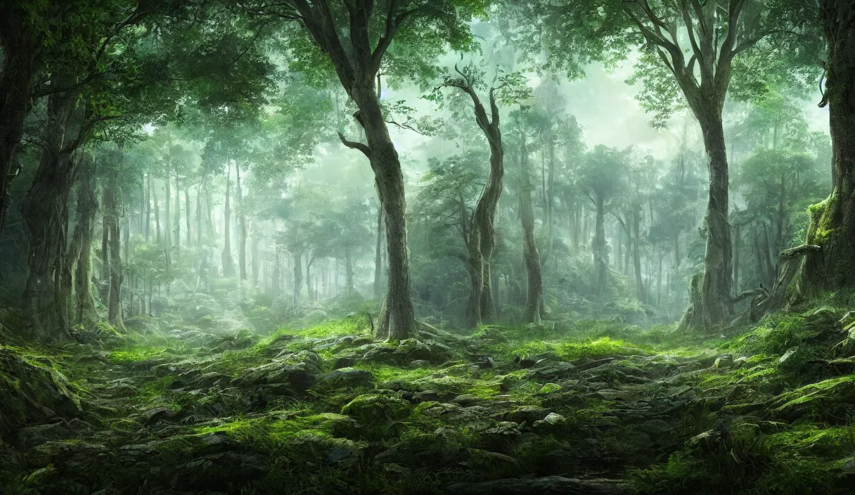 Image similar to a clearing in the forest, sharp focus, matte painting, illustration, concept art, ancient city covered in foliage