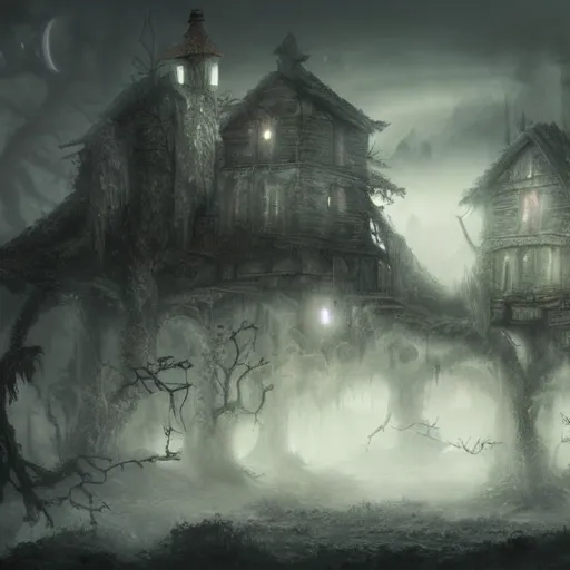 Image similar to haunted village surrounded by a dead forest, mist, moonlight, dark and gloomy, matte painting, ultra detailed, concept art