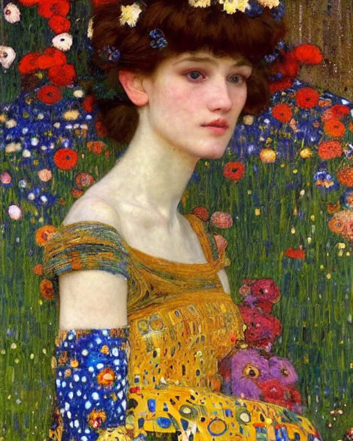 Image similar to a beautiful woman in a colorful dress surrounded by colorful patterns and flowers by gustave klimt and edgar maxence and john william waterhouse and michael whelan, artistic, intricate realistic fantasy, extremely detailed and beautiful face, 8 k resolution, dramatic lighting