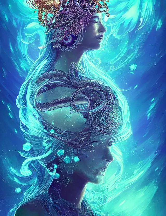 Prompt: goddess macro shouler portrait from bottom to top in crown made of ram skull. betta fish, jellyfish phoenix, bioluminiscent, plasma, ice, water, wind, creature, super intricate ornaments artwork by tooth wu and wlop and alena aenami and greg rutkowski