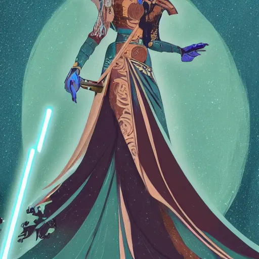 Prompt: a beautiful tarot card of sona with teal colored hair with deep red highlights as a jedi, space fantasy, in the style of magic the gathering, intricate, elegant, highly detailed, digital painting, artstation, concept art, matte, sharp focus, illustration, art by hokusai and jeong seon