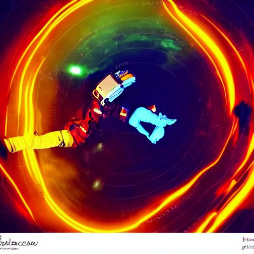 Prompt: astronaut being sucked into a neon void, abstract colors, epic composition