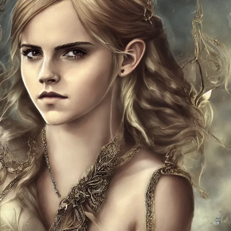 Image similar to emma watson a fantasy portrait of a beautiful noble elf princess with blonde hair and regal jewellry by bowater, symetrical, elegant, 4 k, charlie