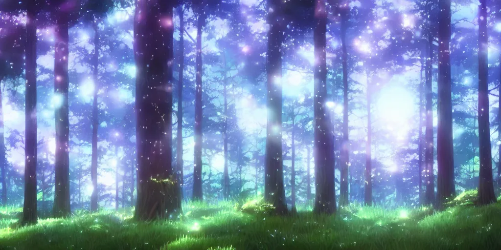 Image similar to a pine forest with glowing spirits, ultra high quality, 4 k, by miyazaki and makoto shinkai, anime screenshot, colorful, artstation, pixiv,