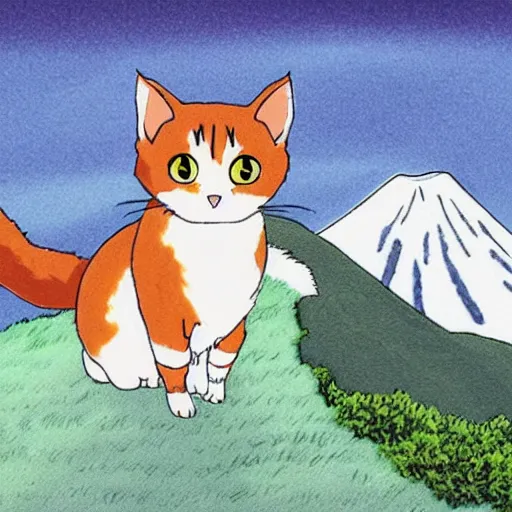 Image similar to a calico cat walking up mount fuji in the style of studio ghibli