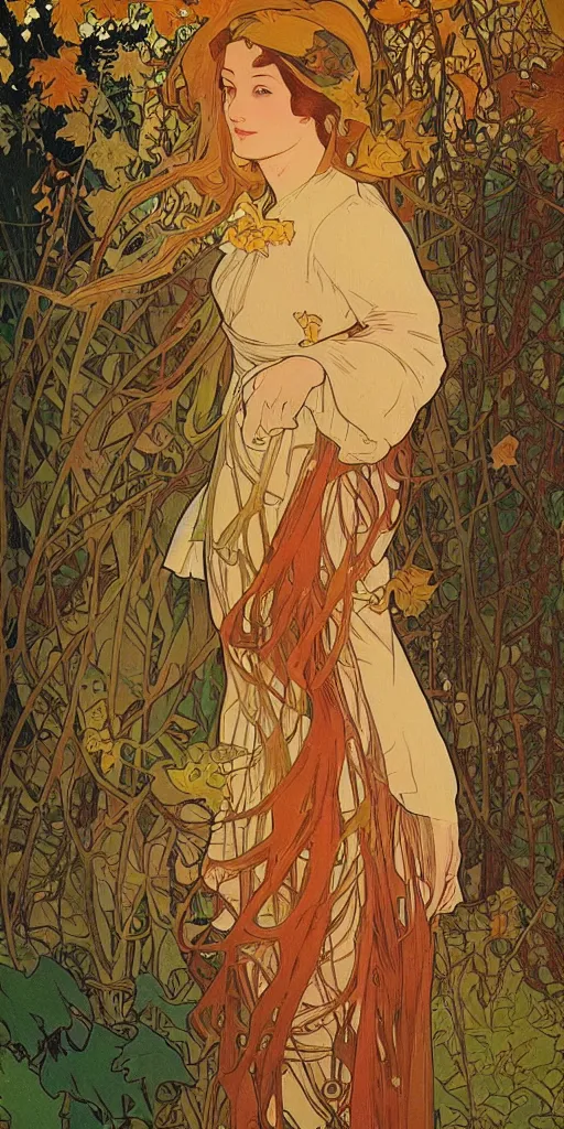 Image similar to a beautiful illustration of a beautiful lady in the forest, autumn, golden hour, alphonse mucha, moebius, cinematic