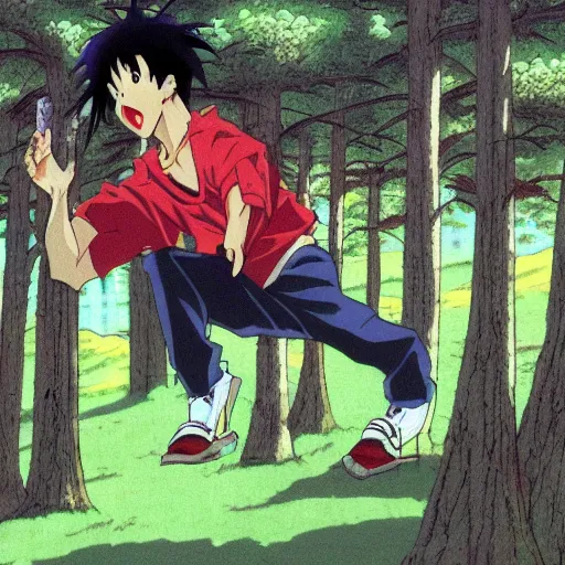 Prompt: a still of a 90s OVA anime of a man with black hair wearing a red shirt in a forest