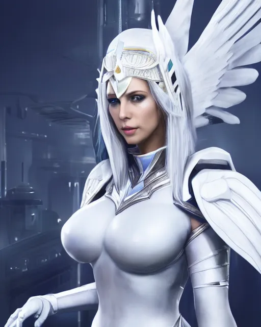 Image similar to perfect white haired attractive egyptian goddess with huge white dove wings, warframe armor, beautiful, symmetric, charlize theron, half asian, pretty face, blue eyes, detailed, scifi platform, laboratory, experiment, 4 k, ultra realistic, epic lighting, android body, illuminated, cinematic, masterpiece, art by akihito tsukushi, voidstar