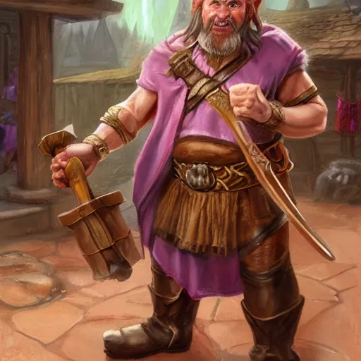 Image similar to male dwarfish cleric wearing only boots and a pink skirt, holding a holy symbol, he is preaching, he looks like he is insane. the background is a friendly tavern. The mood is friendly and welcoming. dungeons and dragons, highly detailed, digital painting, artstation, concept art, sharp focus, illustration, art by Josh kirby and John romita jr and moebius