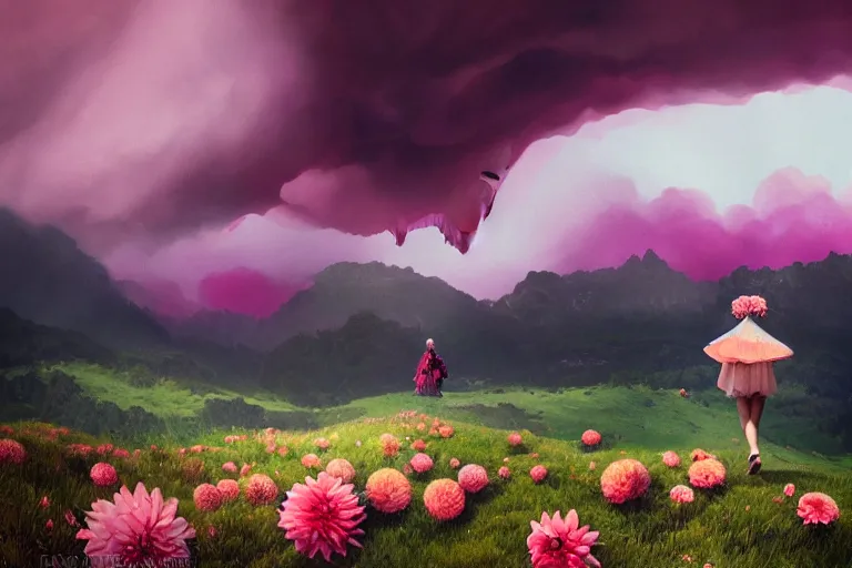 Image similar to giant dahlia flower crown face, girl walking on mountain, surreal photography, pink storm clouds, dramatic light, impressionist painting, digital painting, artstation, simon stalenhag