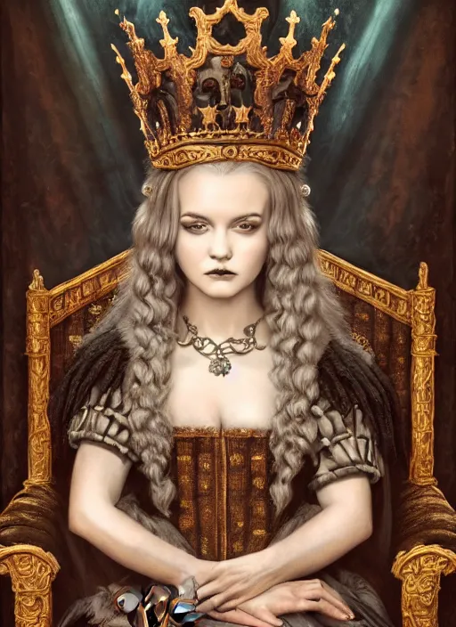 Image similar to highly detailed closeup portrait of a goth medieval queen wearing a crown and sitting on a throne, surrounded by cute cats, unreal engine, nicoletta ceccoli, mark ryden, earl norem, lostfish, global illumination, god rays, detailed and intricate environment