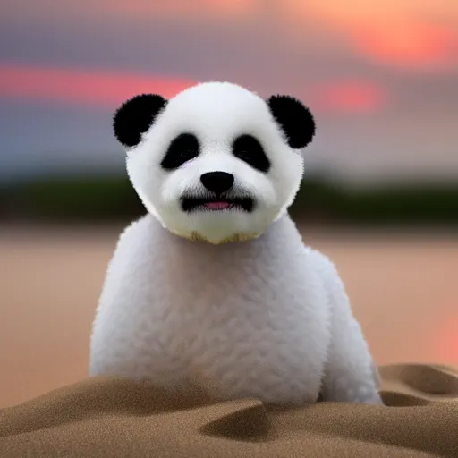 Prompt: a closeup photorealistic photograph of panda themed white bichon frise smiling on the beach at sunset. This 4K HD image is Trending on Artstation, featured on Behance, well-rendered, extra crisp, features intricate detail and the style of Unreal Engine.