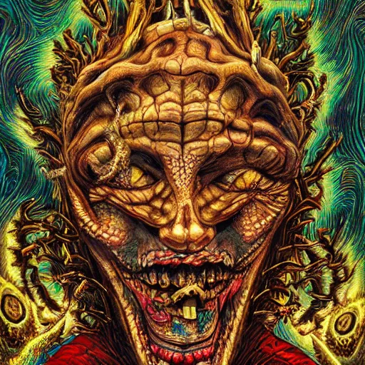 Prompt: a hyper - detailed high painting of giant heads joined by snakes, the heads are open they have spiked scales and sharp teeth, the mouth is open and monstrous beings of all kinds run and scream, psychedelic horror surreal art cosmic horror weird bizarre art