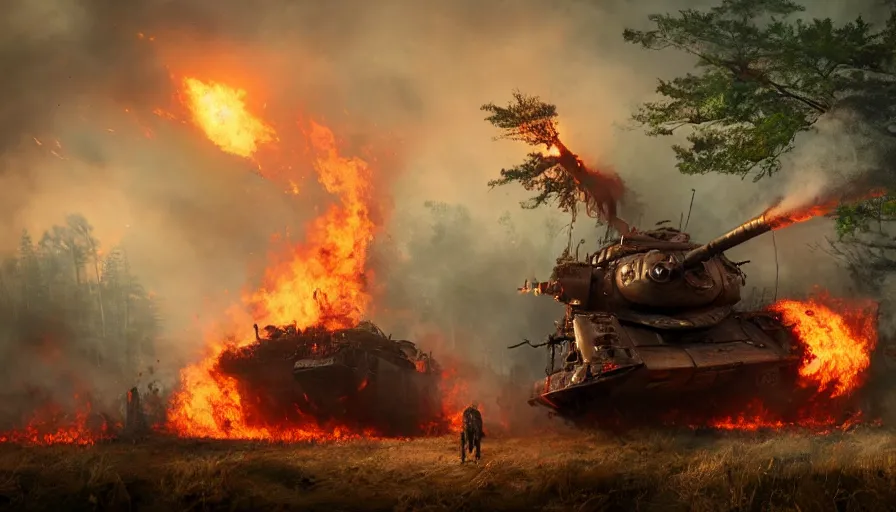 Image similar to Movie scene of a giant burning steampunk tank rolling on burning forest, hyperdetailed, artstation, cgsociety, 8k