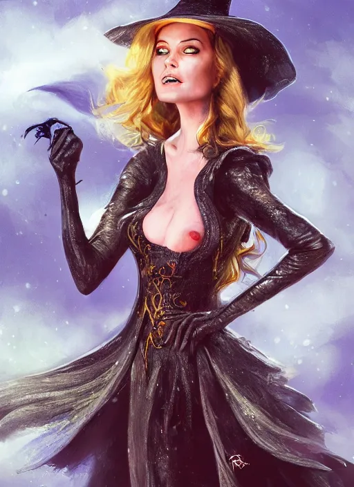 Image similar to beautiful female wicked witch, rebecca romijn as the wicked witch of the west, full body character concept, armor, super powers, fantasy, intricate, elegant, highly detailed, digital painting, artstation, concept art, shining, sharp focus, illustration, art by stanley lau