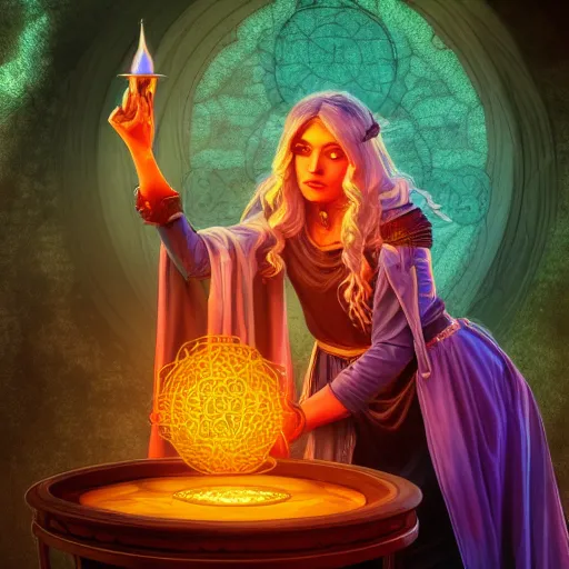 Image similar to female mage is casting a magic spell, fantasy, D&D, HDR, digital art , award winning photograph, 8k, Mucha style,
