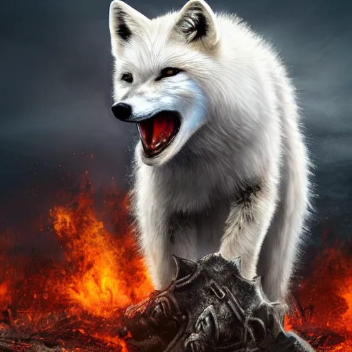 Image similar to angry demonic white polar fox with sharp teeth wearing medieval ornamented rusty armor, ice and fire, postapocalyptic world, hyperrealistic, dramatic sky, highly detailed