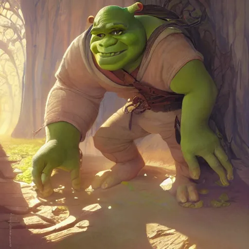 Image similar to shrek has giant feet, highly detailed, digital painting, artstation, concept art, smooth, sharp focus, illustration, art by artgerm and greg rutkowski and alphonse mucha