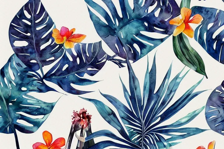 Prompt: watercolor artwork of exotic, elegant tropical prints : : trending on artstation