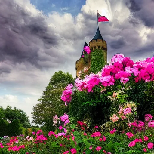 Image similar to Garden castle,Many flowers,A few roses,clouds, dramatic clouds above, pink,dreamy ultra wide shot, atmospheric, hyper realistic, 8k, epic composition, cinematic, octane render, artstation landscape vista photography by Carr Clifton & Galen Rowell, 16K resolution, Landscape veduta photo by Dustin Lefevre & tdraw, 8k resolution, detailed landscape painting by Ivan Shishkin, DeviantArt, Flickr, rendered in Enscape, Miyazaki, Nausicaa Ghibli, Breath of The Wild, 4k detailed post processing, artstation, rendering by octane, unreal engine