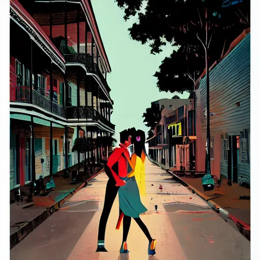 Prompt: a colorful comic noir illustration of star - crossed lovers in new orleans by sachin teng, dark vibes, pastel lighting, cinematic, depth of field, 8 k, high contrast