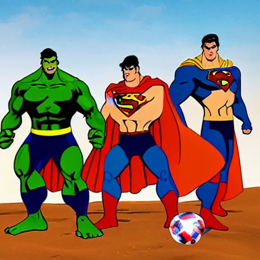 Image similar to supermen and hulk playing soccer at desert, a crowd watching they play